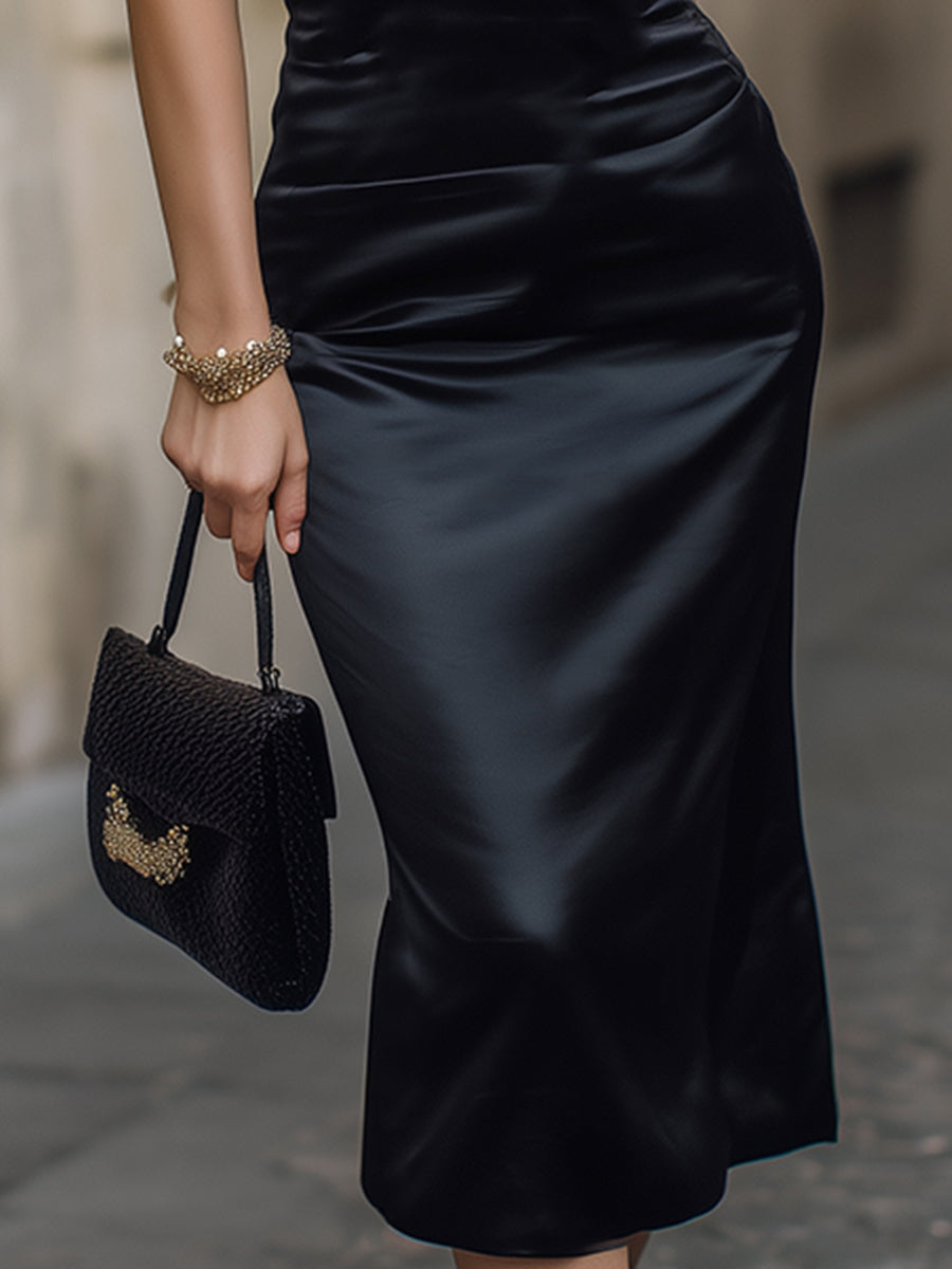 Elegant Satin Lace-Trim Slip Midi Dress