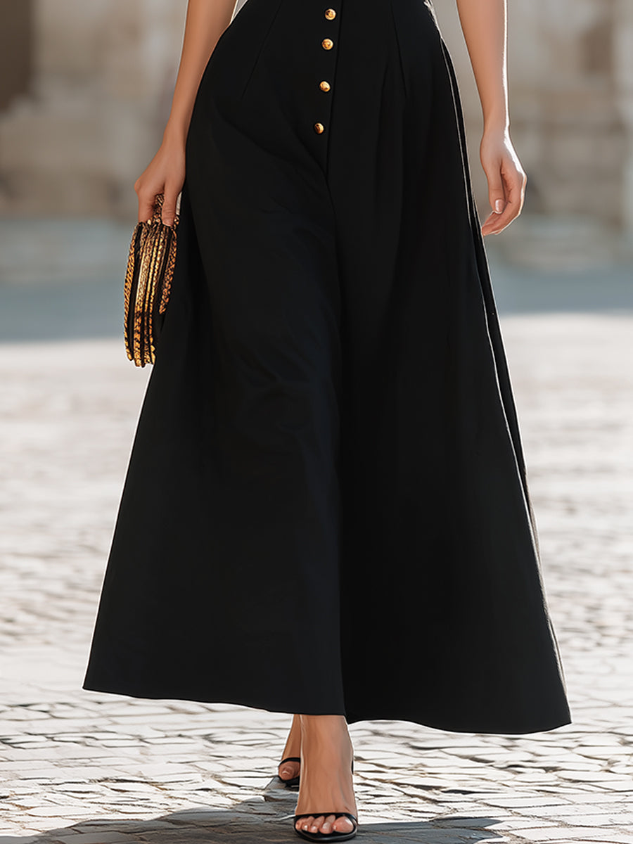 Black Halter Neck Gold Button Maxi Dress