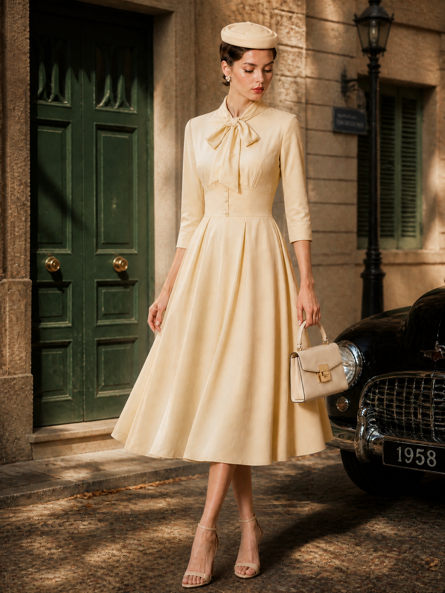 Elegant Butter-Yellow Bow-Tie Buttoned Waist Midi Dress