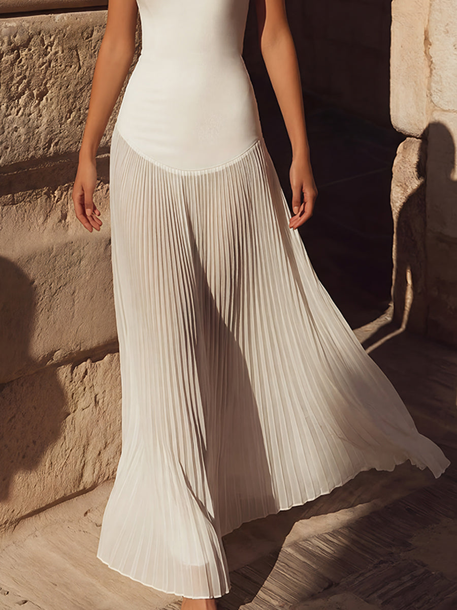 Halter Neck Pleated Hem Maxi Dress