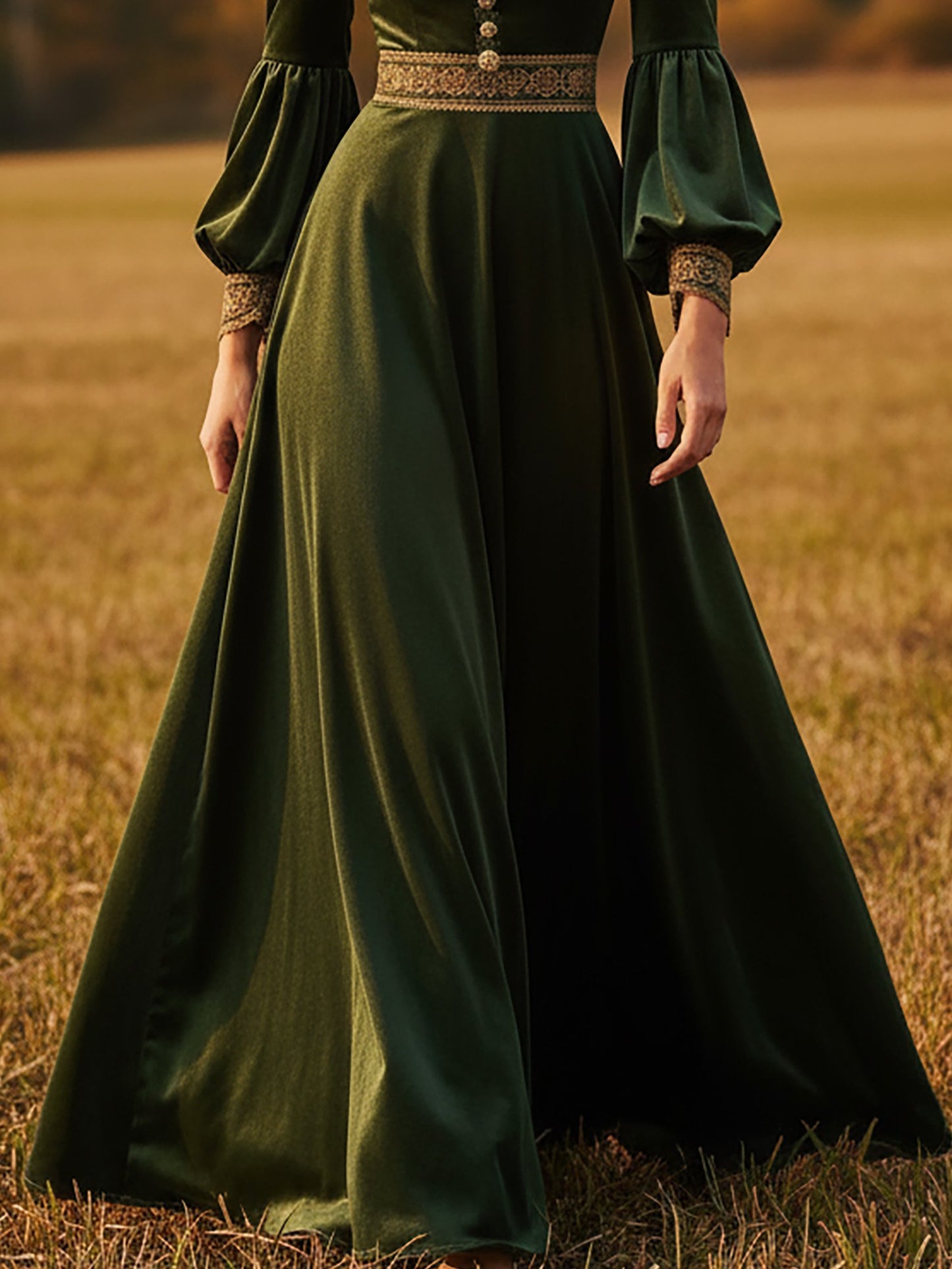 Maxi Cotton Dress, Long Sleeves, Square Neck, Plain, Lace, Vintage, Green