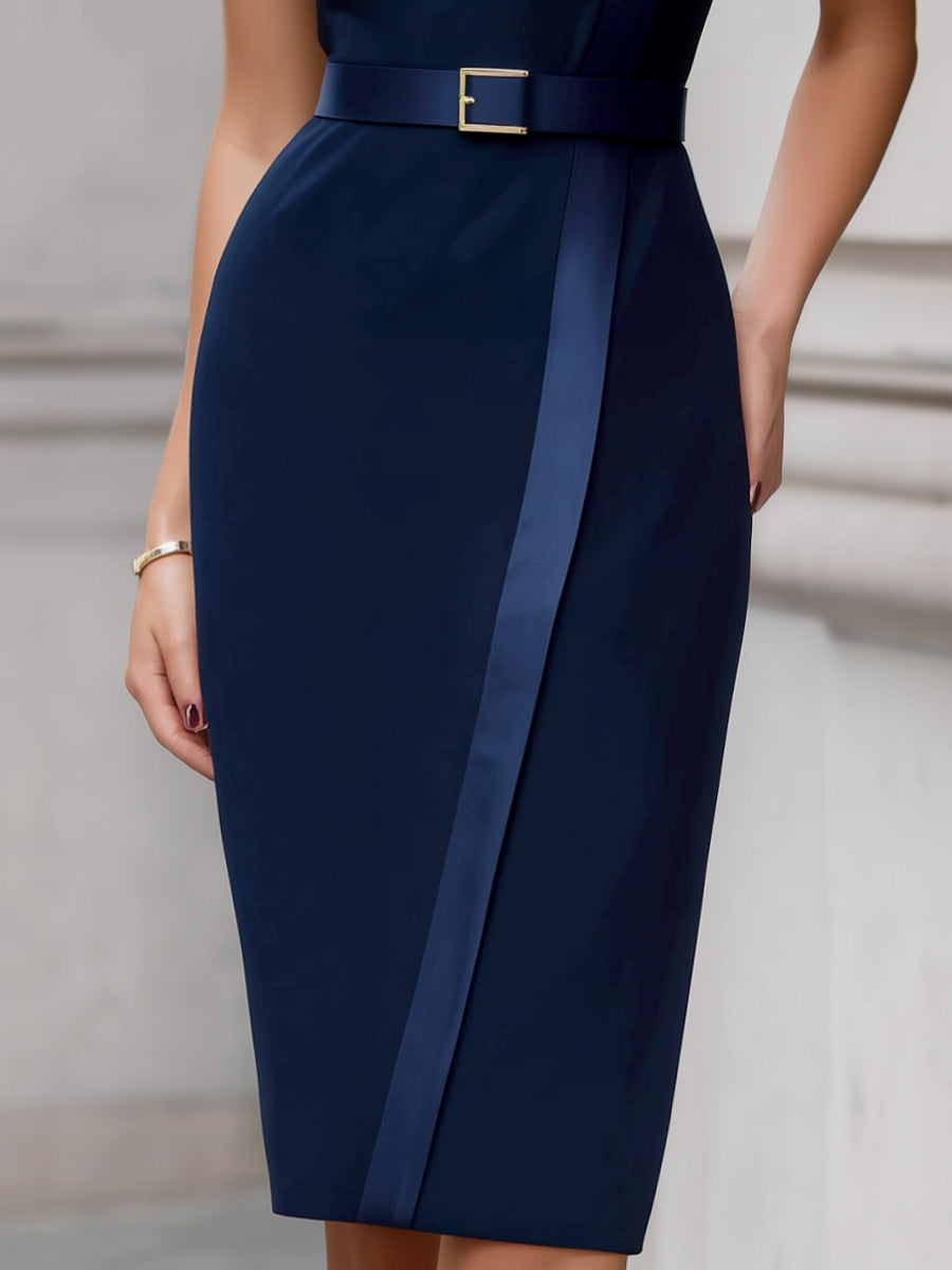 Asymmetric Satin Panel Belted Pencil Dress