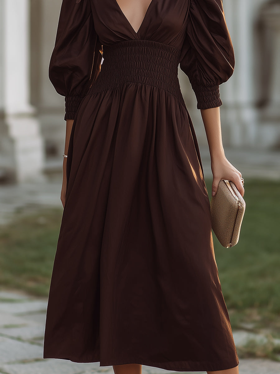 Smocked Waist V-Neck Midi Dress