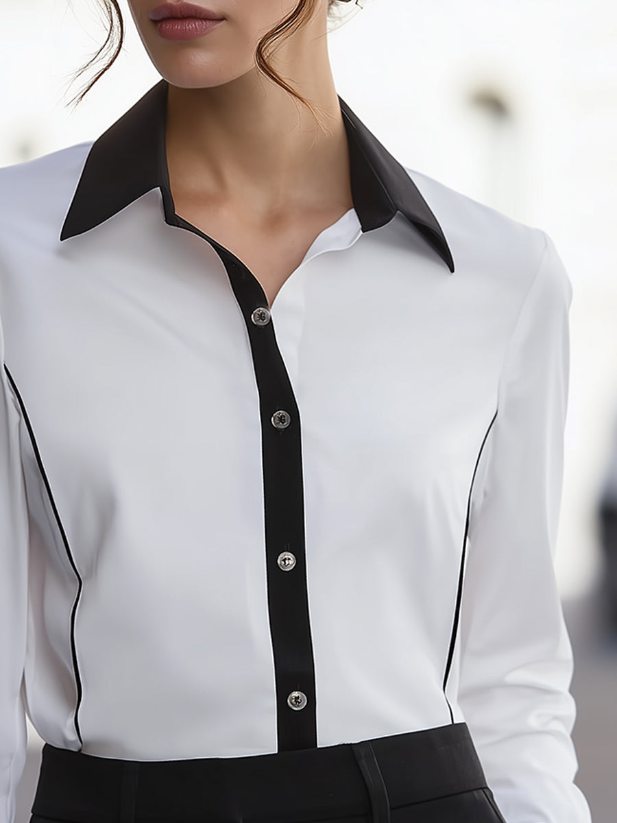 Black & White Contrast Trim Button-Front Shirt