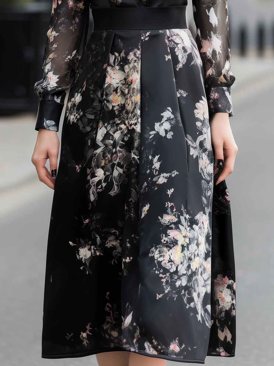 Printed Satin Shirt Midi Dress With Chiffon Sleeves