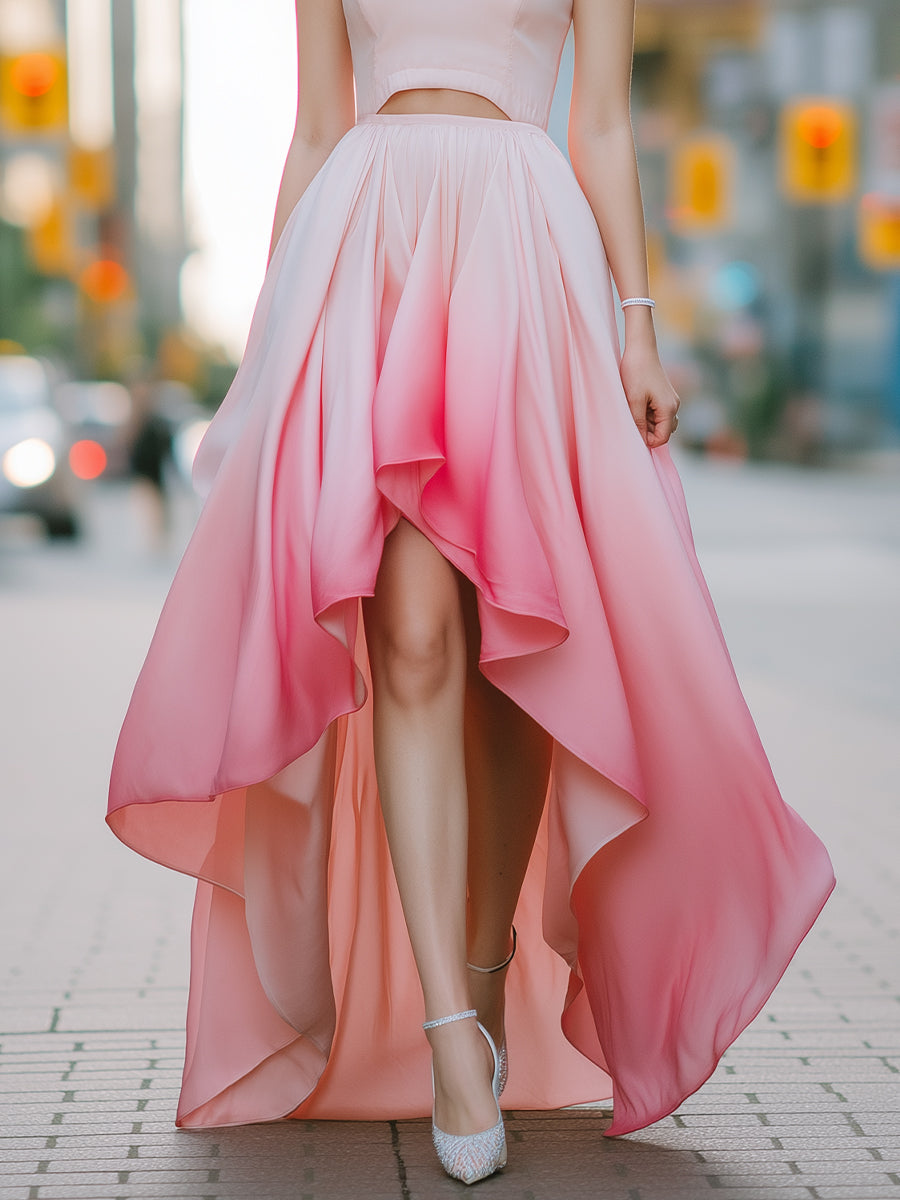 Elegant Pink Gradient High-Low Halter Dress