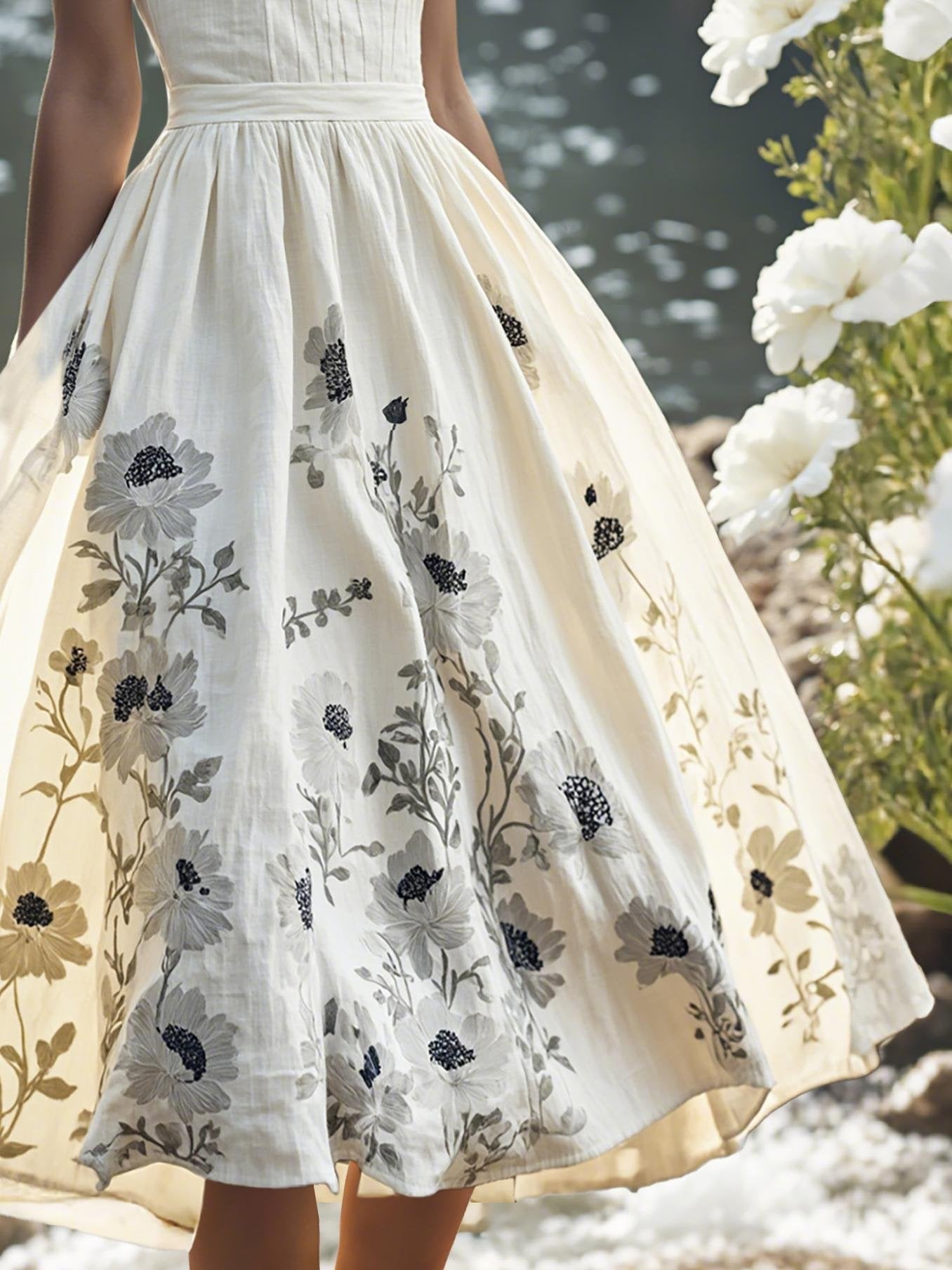 Midi Linen Dress , Sleeveless, Round Neck, Floral, Vacation, Vintage, Black