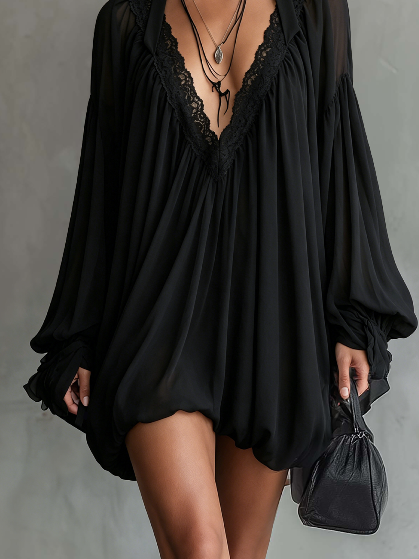 Black Chiffon Halter Mini Dress With Lace Neckline