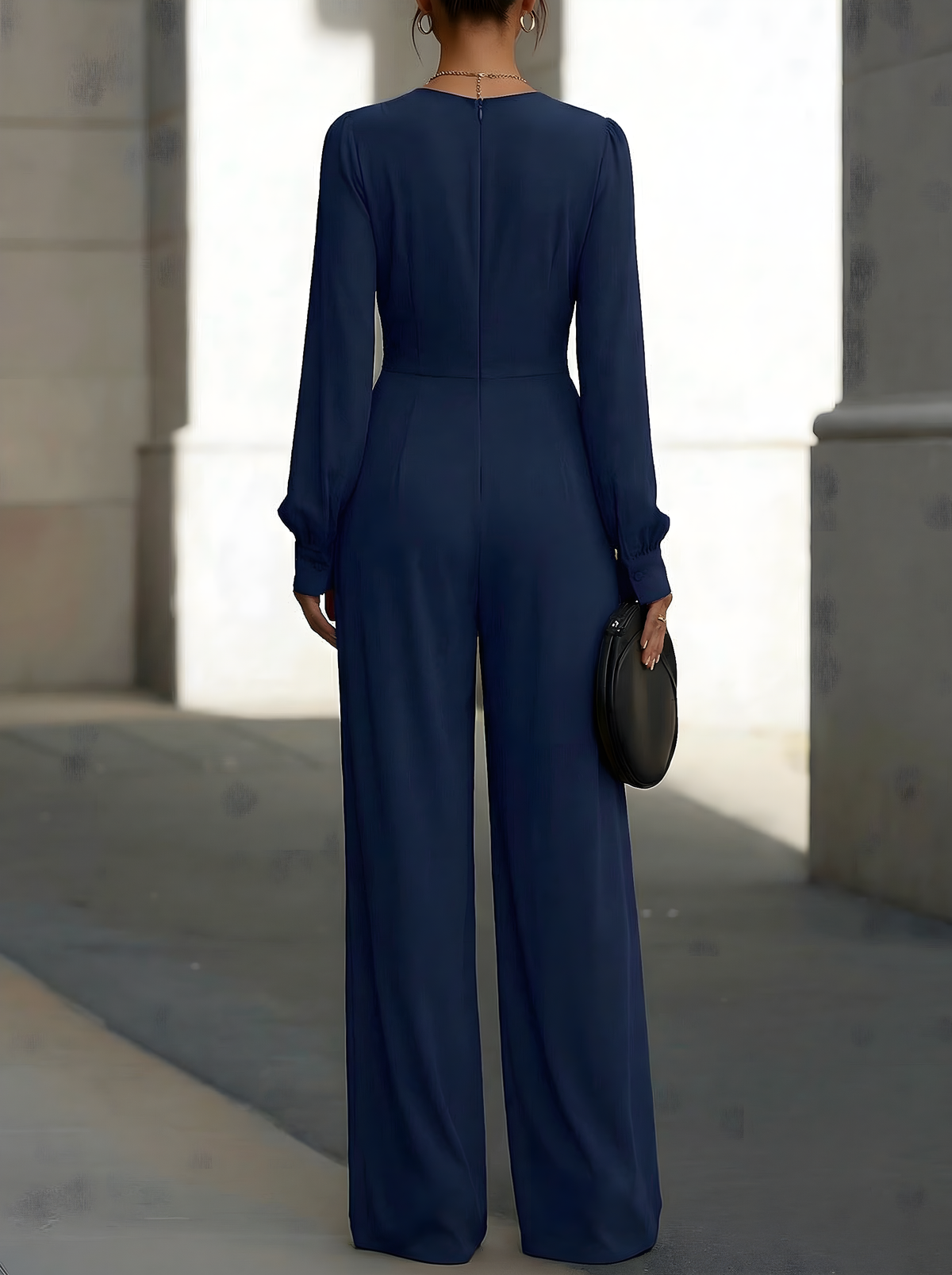 Draped V-Neck Long-Sleeve Wide-Leg Jumpsuit