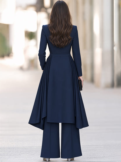 Elegant Navy Wrap Blazer Wide-Leg Pants Two-Piece Set