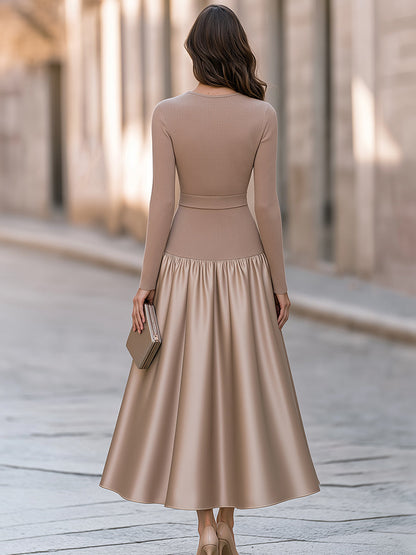 Elegant Ribbed-Knit And Satin Midi Dress With Belt