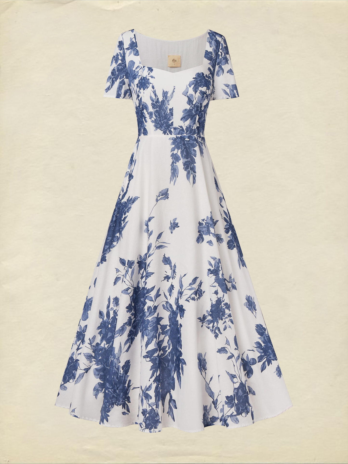 Maxi Linen Dress , Short Sleeves, Square Neck, Floral, Vacation, French Vintage, Blue