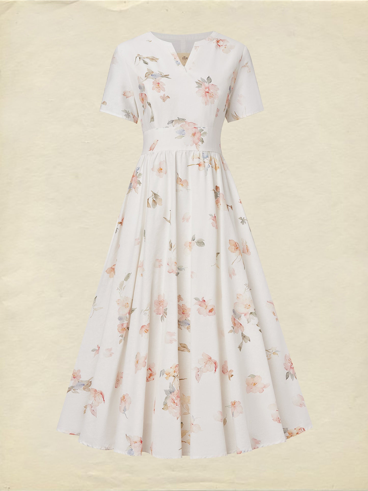 Midi Linen Dress, Short Sleeves, V Neck, Floral, Vintage, White