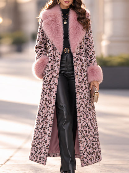 Elegant Pink Leopard Print Faux Fur Long Coat With Fluffy Collar And Cuffs