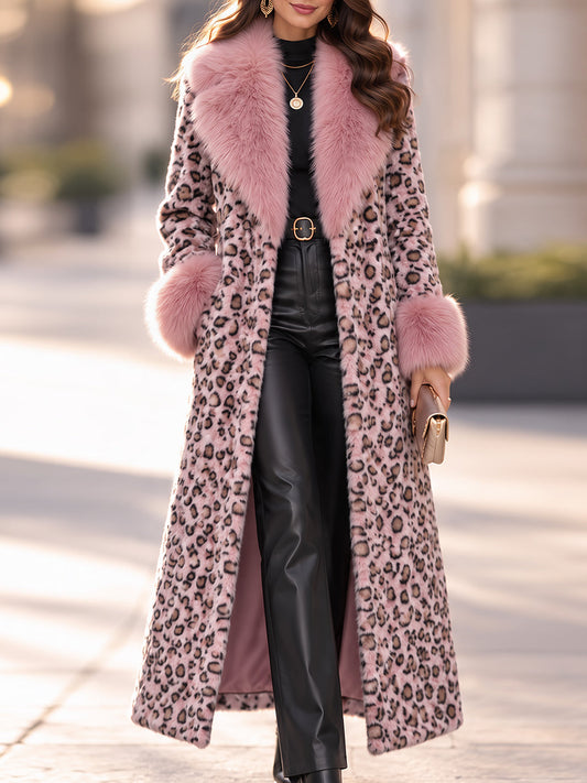 Elegant Pink Leopard Print Faux Fur Long Coat With Fluffy Collar And Cuffs