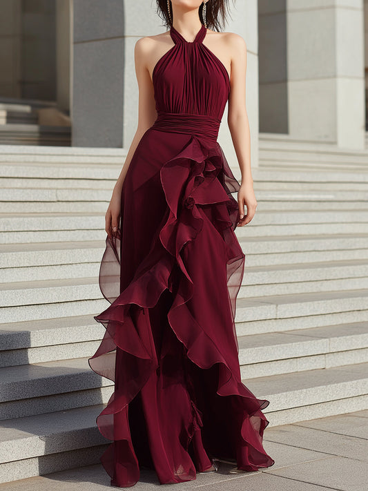 Elegant Halter Neck Evening Gown With Draped Design