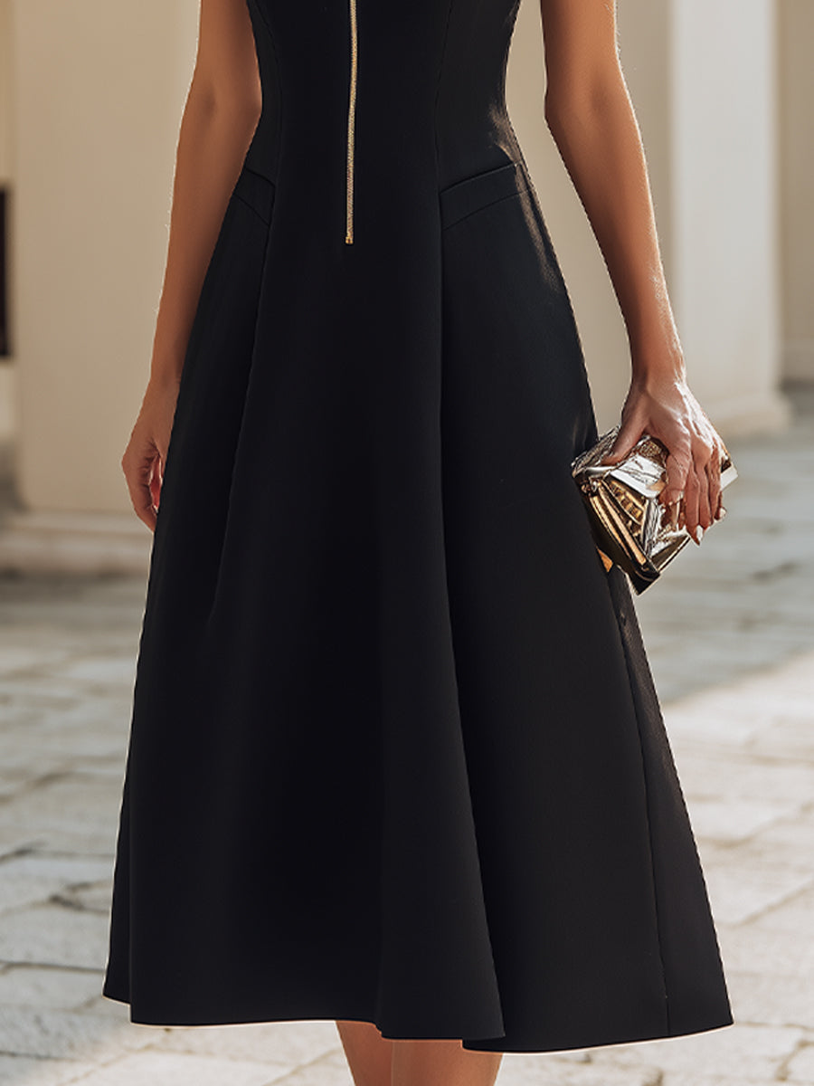 Embroidered Stand-Collar Zip-Front Midi Dress