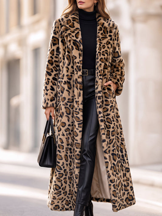 Women's Long Leopard-Print Faux Fur Coat （With Belt Included）