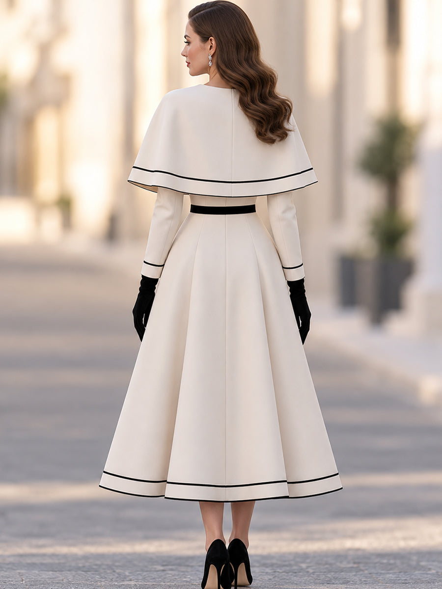 Two-piece Set Featuring An Ivory-white Cape With Black Piping And An A-line Midi Skirt