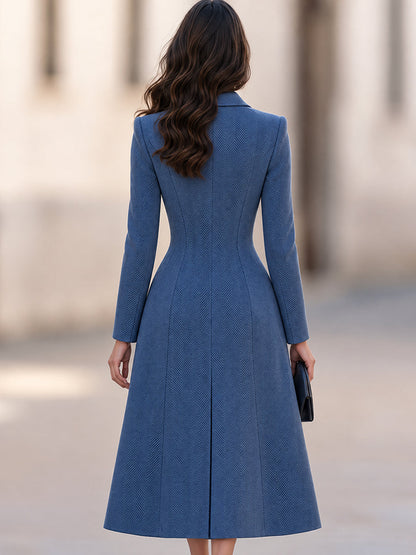 Elegant Herringbone Lapel Collar Fit-and-Flare Coat