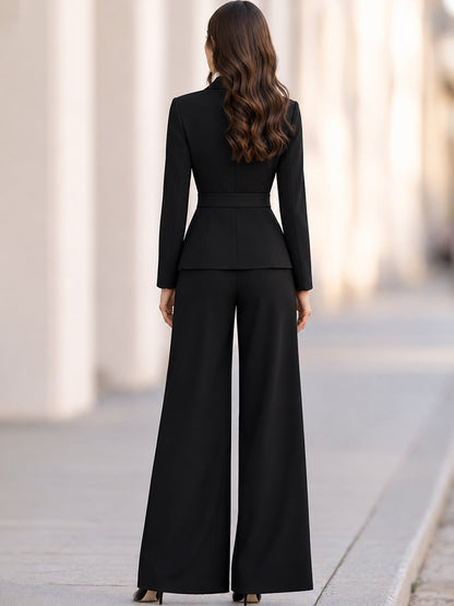 Elegant Shawl-Collar Belted Blazer & Wide-Leg Trouser Set (Includes Bow-Tie Belt)
