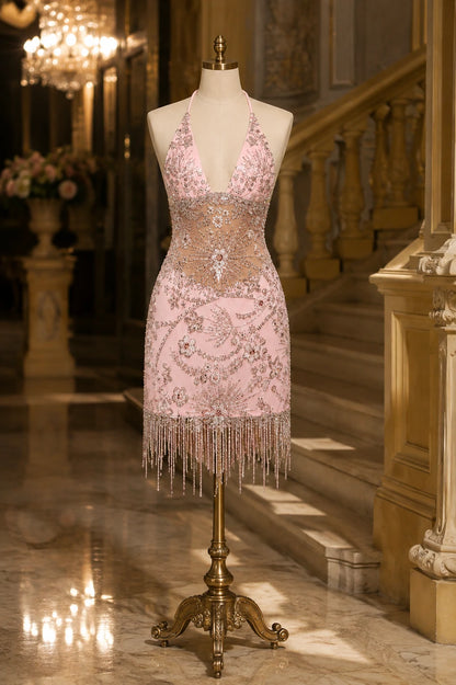 Pink Beaded Sequin Mini Dress – Resort & Vacation Party Dress