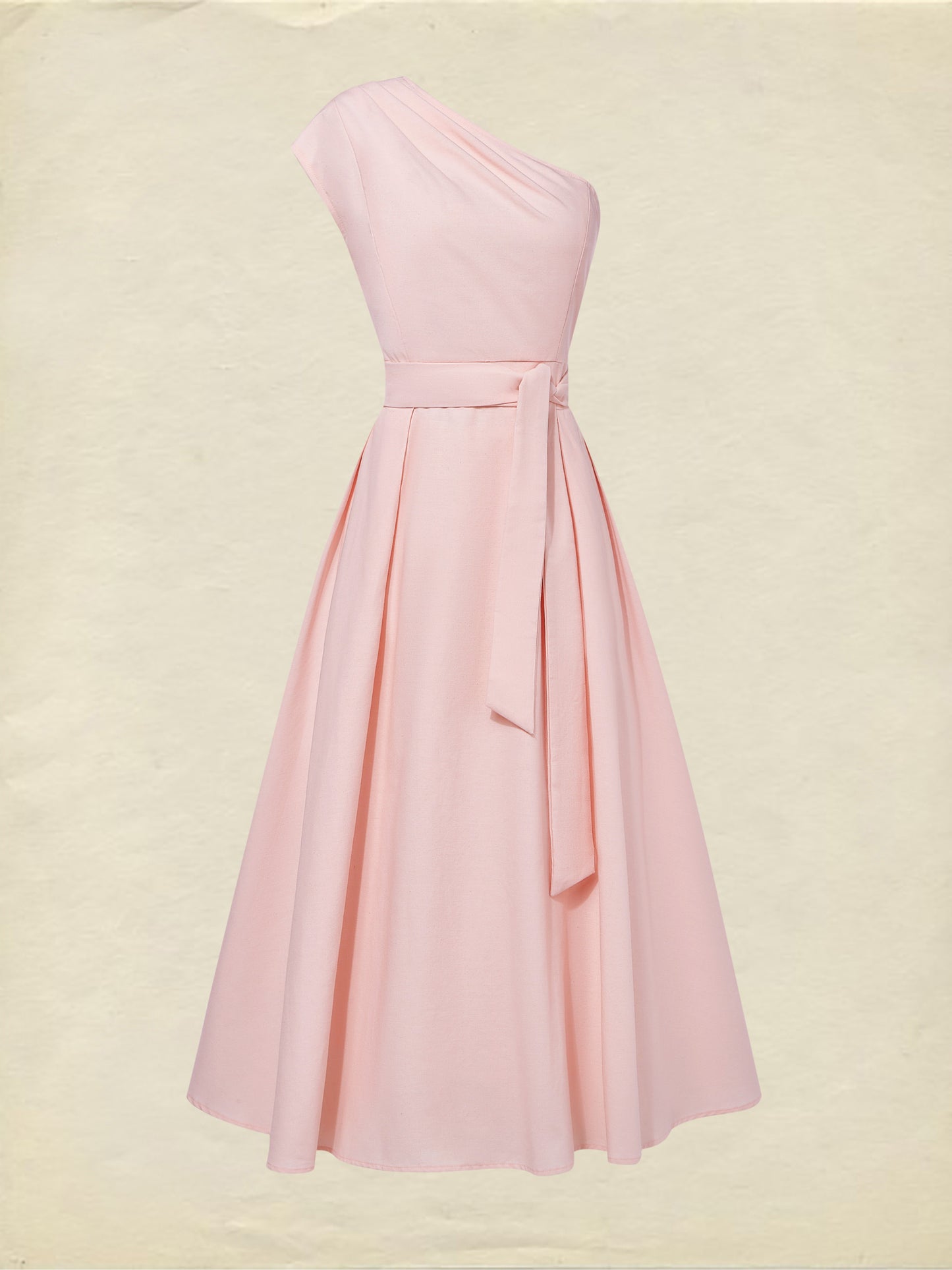 Maxi Cotton Dress , Sleeveless, One shoulder, Plain, Belt Design, Vintage, Light Pink