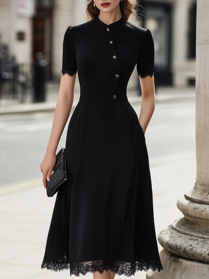 Button-Front Lace-Trim Midi Dress
