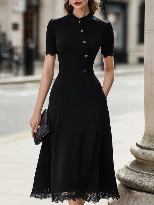 Button-Front Lace-Trim Midi Dress