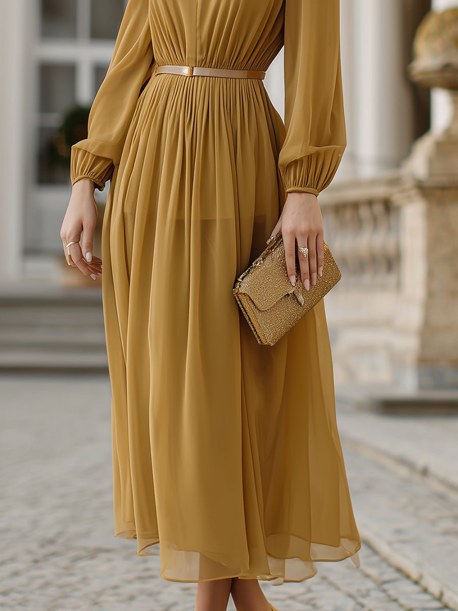 High-Neck Pleated Midi Dress With Belted Waist