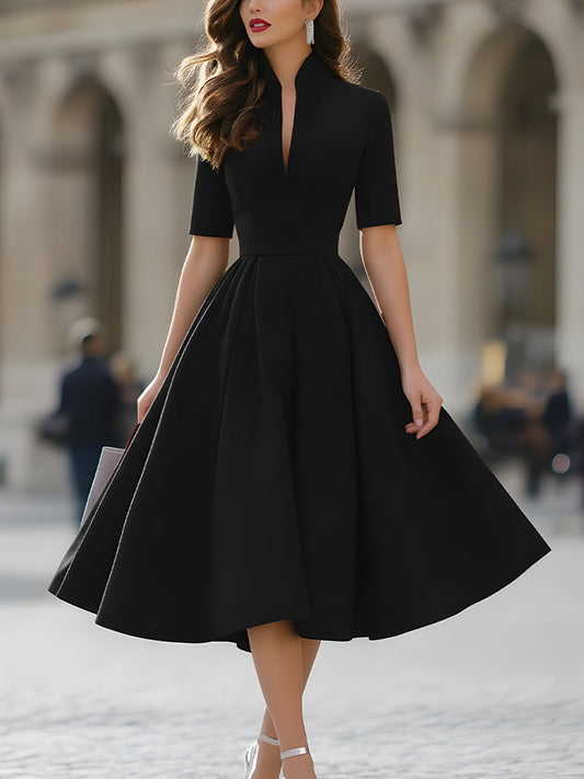 Elegant V-Neck Tailored A-Line Midi Dress