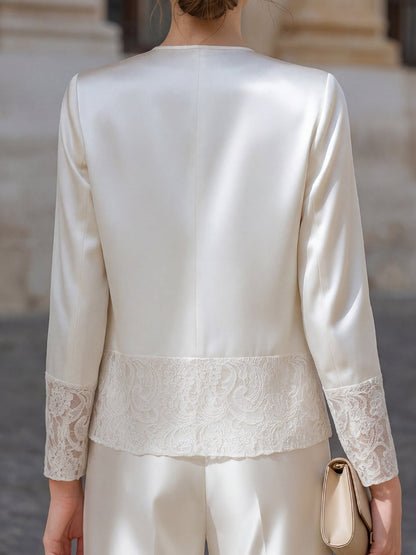 Elegant Lace-Trim Satin Open-Front Jacket