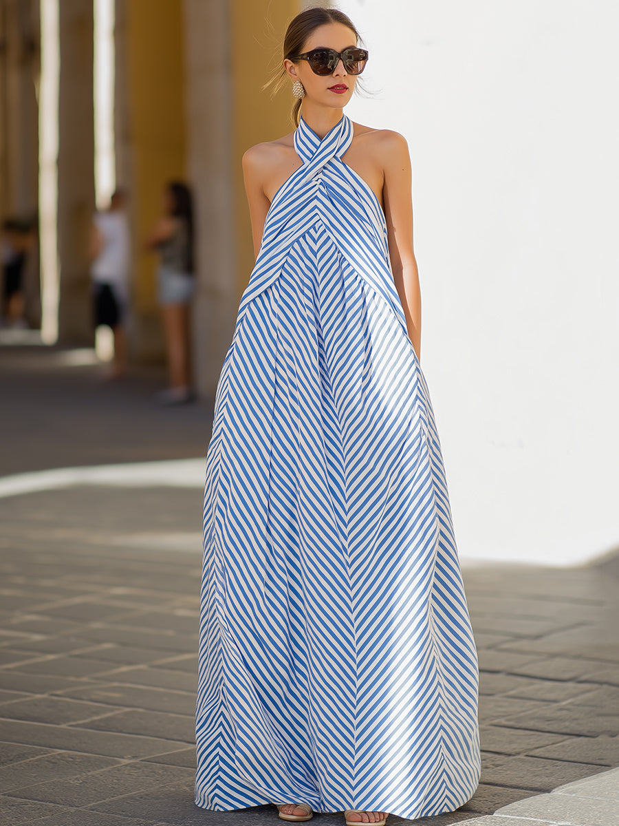 Nautical Stripe Halter Neck Maxi Dress