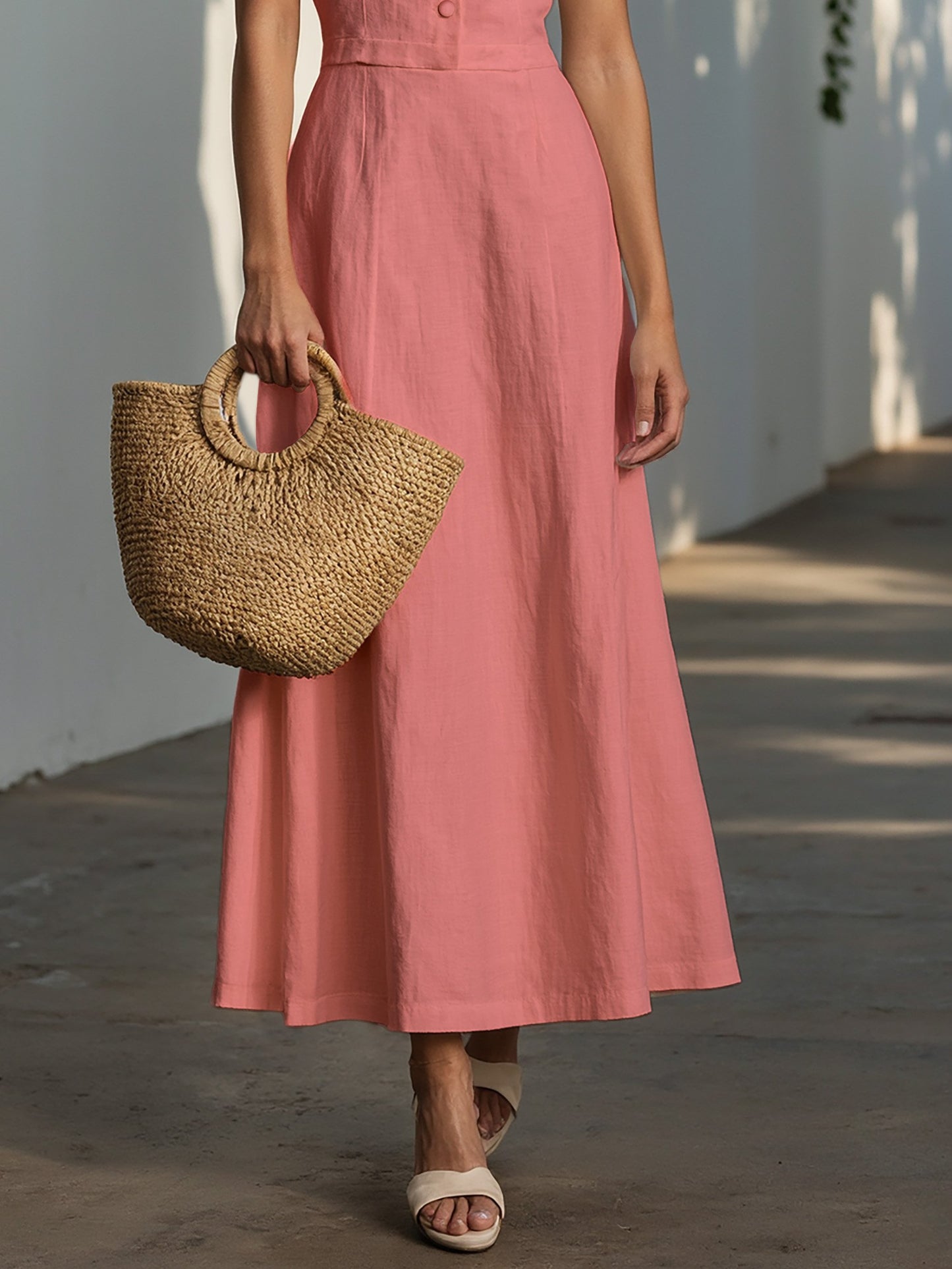 Maxi Linen-Cotton Blend Dress , Cap Sleeves, Shawl Collar, Plain, Button Design, Vintage, Pink