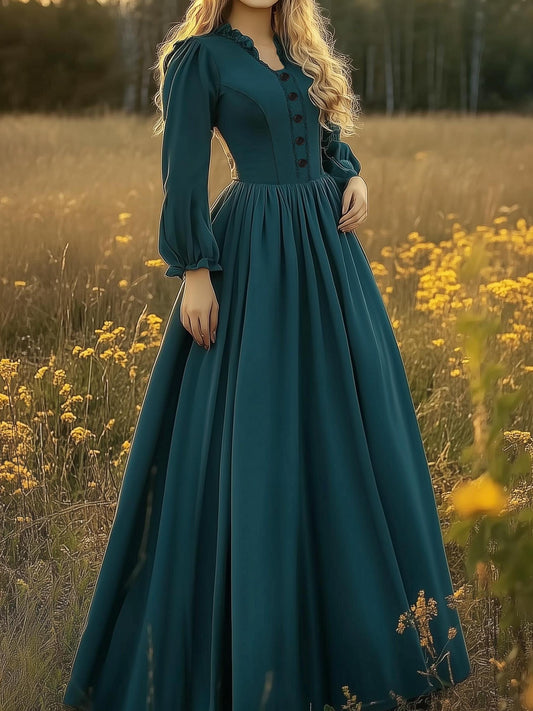Linen Maxi Dress, Long Sleeve, V Neck, Button Down, Victorian Era, Green