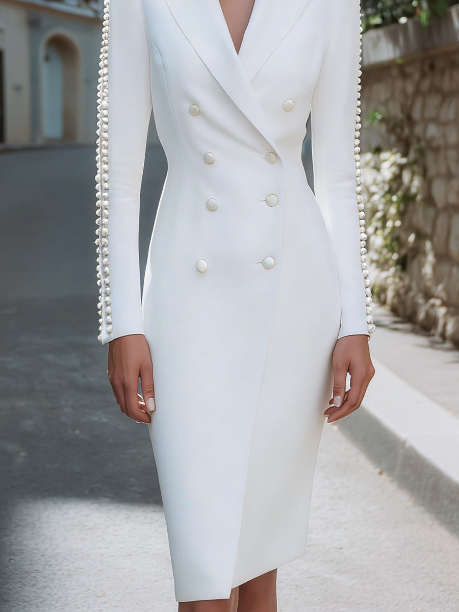 Pearl-Trim Double-Breasted Tailored Blazer Dress