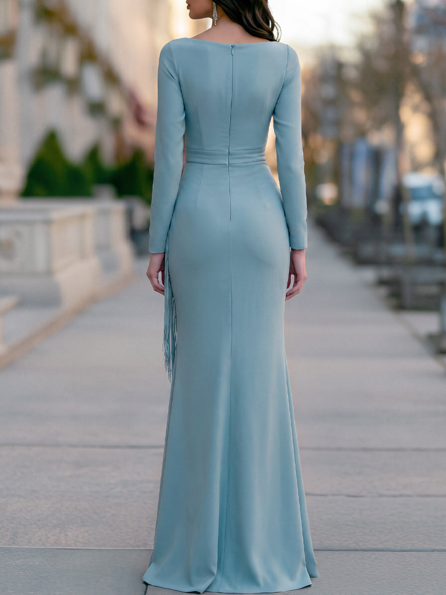 Asymmetric Fringe Detail Long Sleeve Maxi Dress