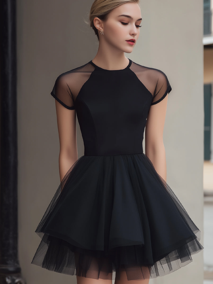 Sheer Panel Short Sleeve Tulle Mini Dress