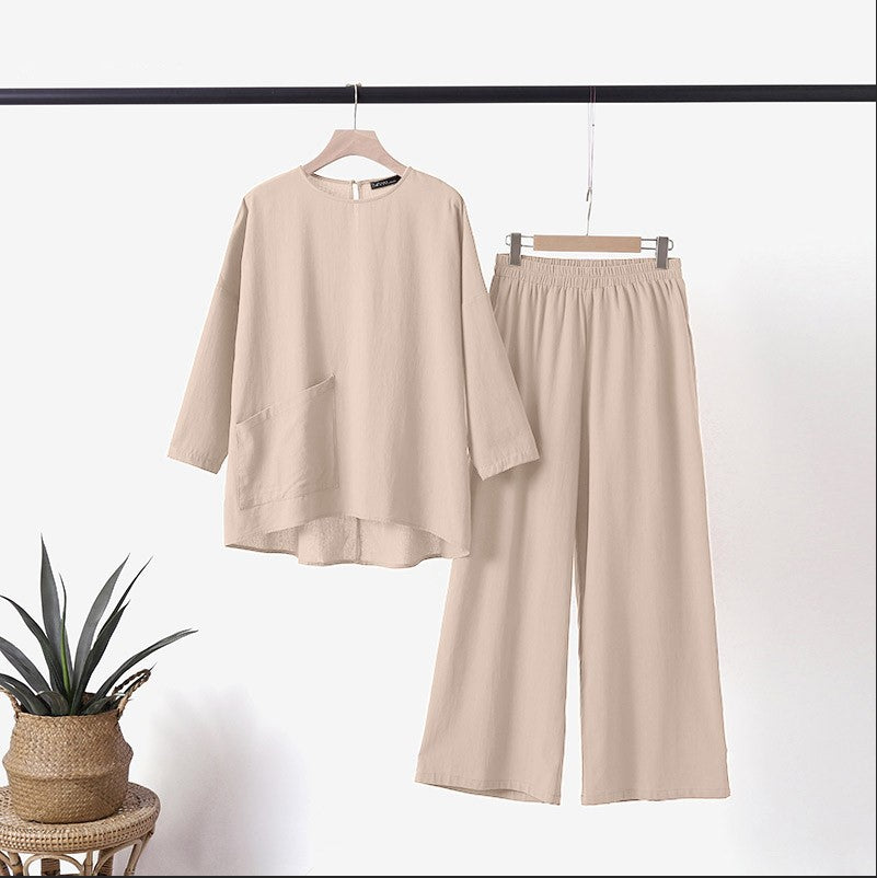 Plus Size Suit New  Autumn Casual Round Neck Tunic + Pants Two-Piece Set