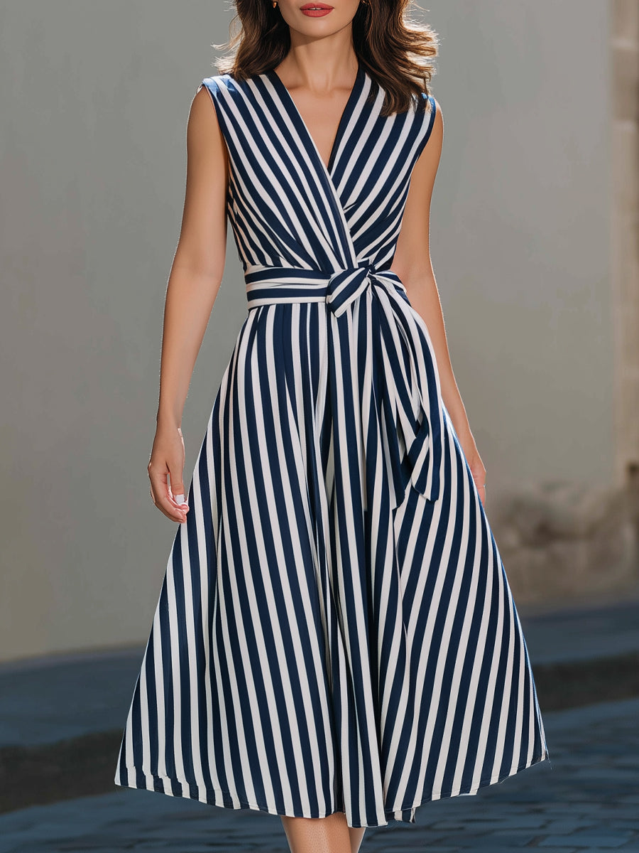 Sleeveless Wrap-Style Midi Dress With Vertical Stripe Pattern