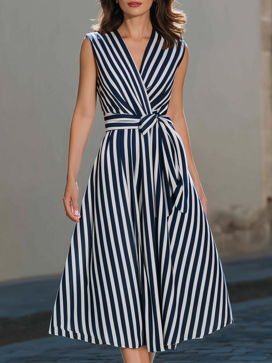 Sleeveless Wrap-Style Midi Dress With Vertical Stripe Pattern