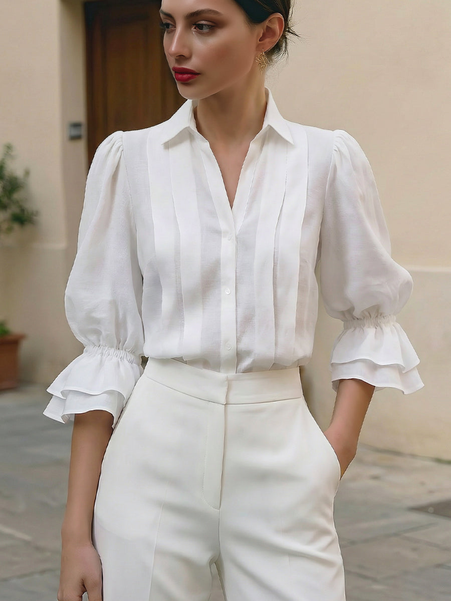 Ruffle Cuff Pintuck Button-Front Blouse