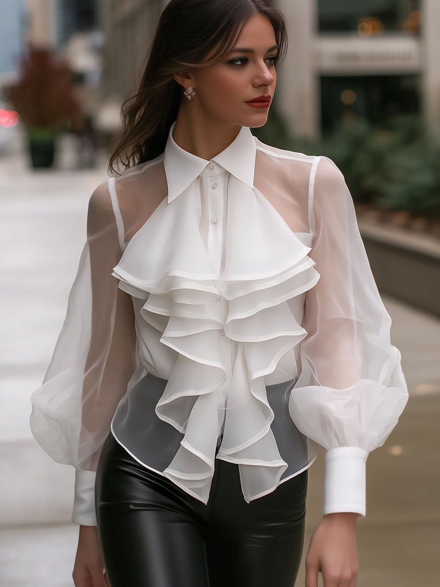 Layered Ruffle Sheer-Sleeve Blouse