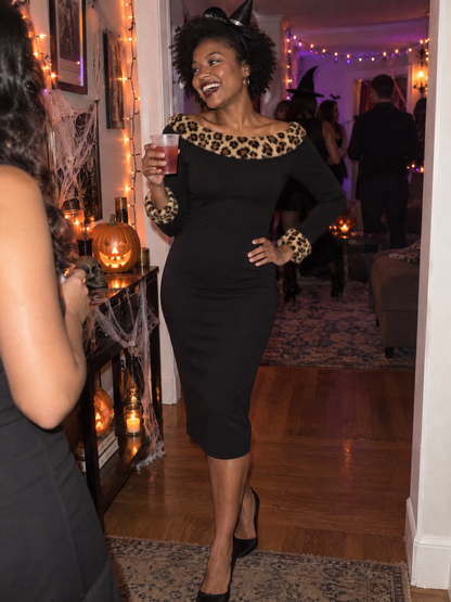 Leopard Faux Fur Trim Long Sleeve Bodycon Midi Dress