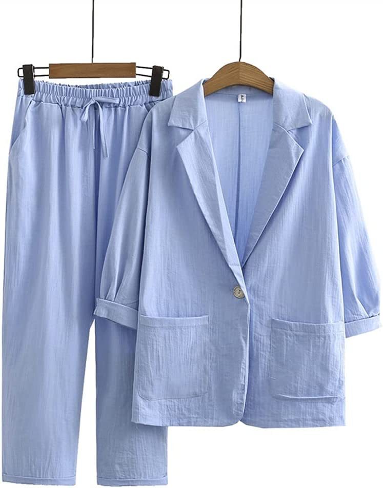 Autumn casual cotton and linen suit top+pants two-piece set