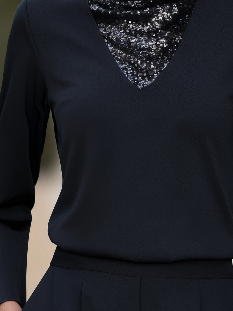 V-Shaped Sequin Panel Mock Neck Long Sleeve Top