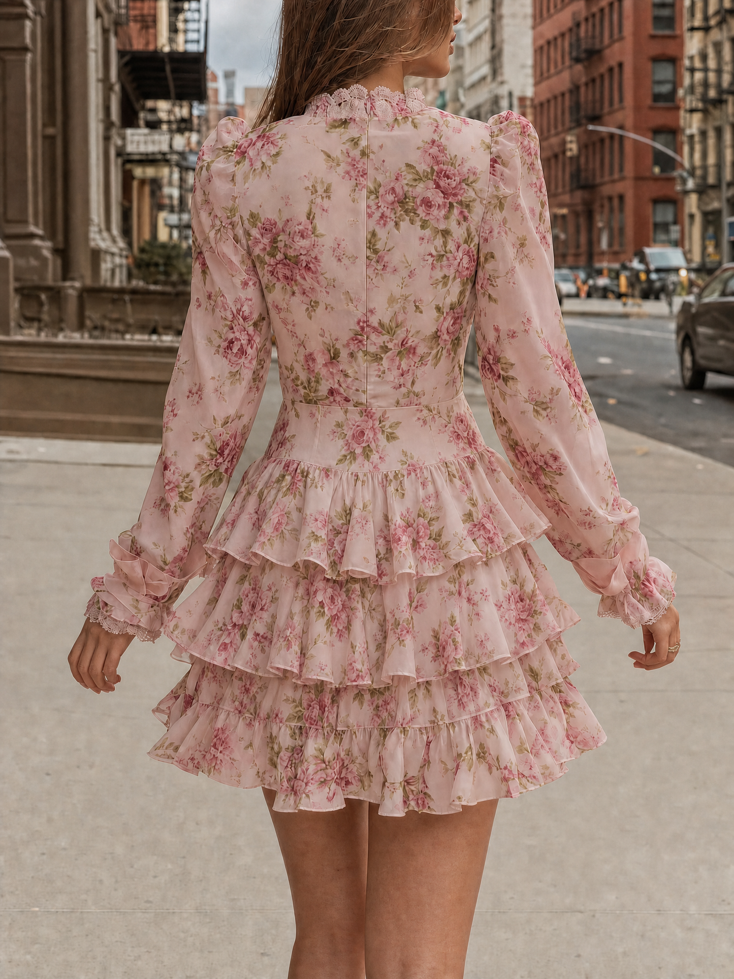 Ruched Bust Waist Hollow Floral Layered Dress