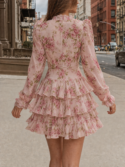 Ruched Bust Waist Hollow Floral Layered Dress