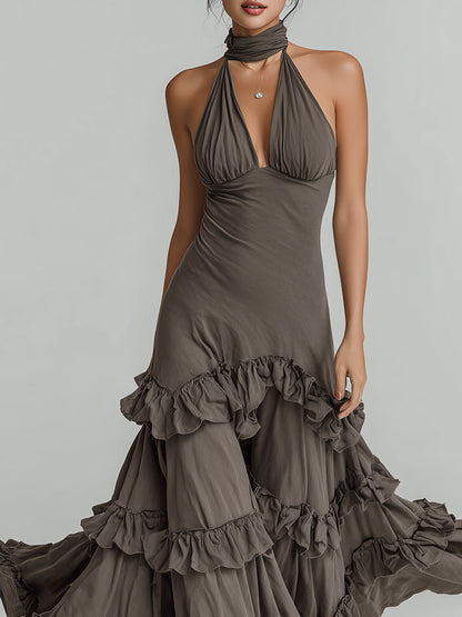Bohemian Style Halter Neck Ruffled Maxi Dress