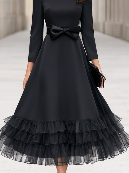 Bow Detail Layered Ruffled Full A-Line Midi Dress